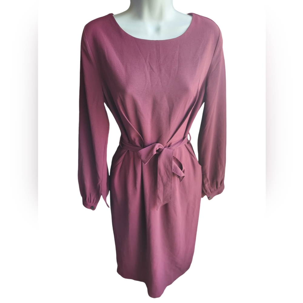 NWT Bohme Sheath Midi Dress Long Sleeves Tie Waist Burgundy Size S